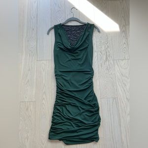 Express dark green cowl neck leopard lace back, rouched dress. Size small.